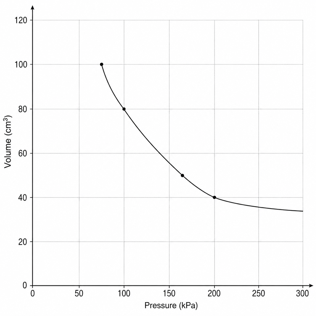 Figure 1: Line graph showing how the volume of a gas changes with pressure. The horizontal x-axis is labelled 'Pressure (kPa)' and has grid marks from 0 to 300 with intervals of 50. The vertical y-axis is labelled 'Volume (cm³)' and has grid marks from 0 to 120 with intervals of 20. A smooth curve slopes downwards from left to right, passing exactly through the coordinates (80, 100), (100, 80), (160, 50), and (200, 40).