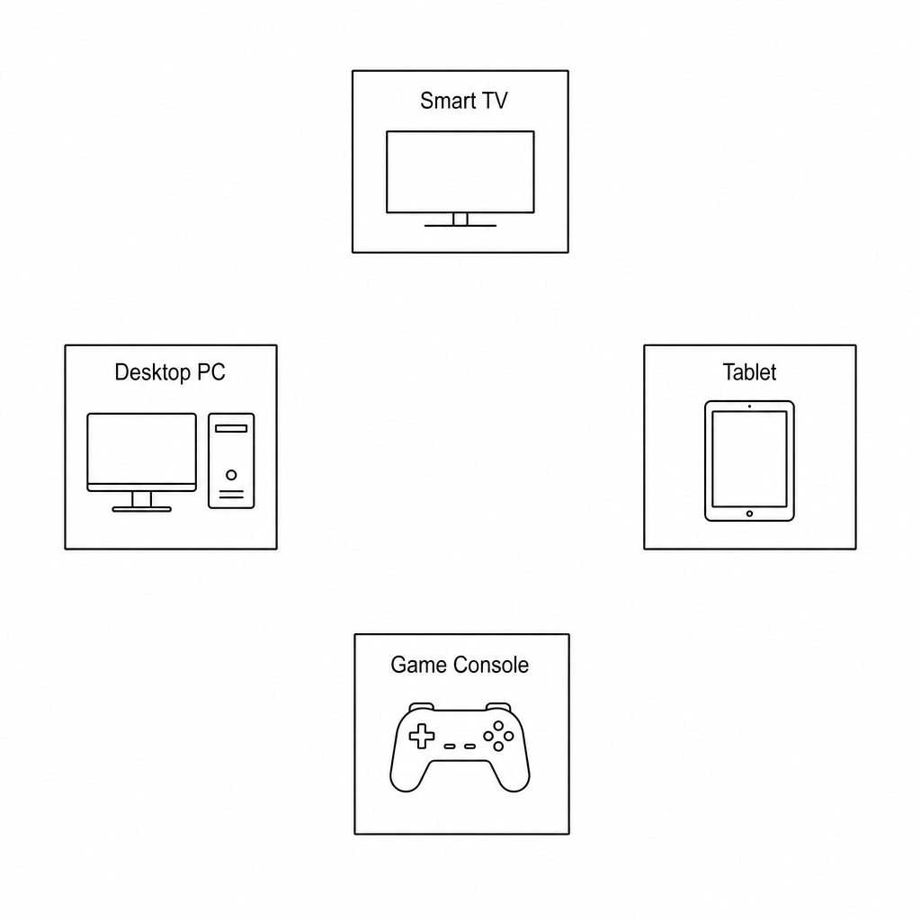 A diagram showing four network devices: a Smart TV at the top, a Desktop PC on the left, a Tablet on the right, and a Game Console at the bottom. No connections are currently drawn between them.