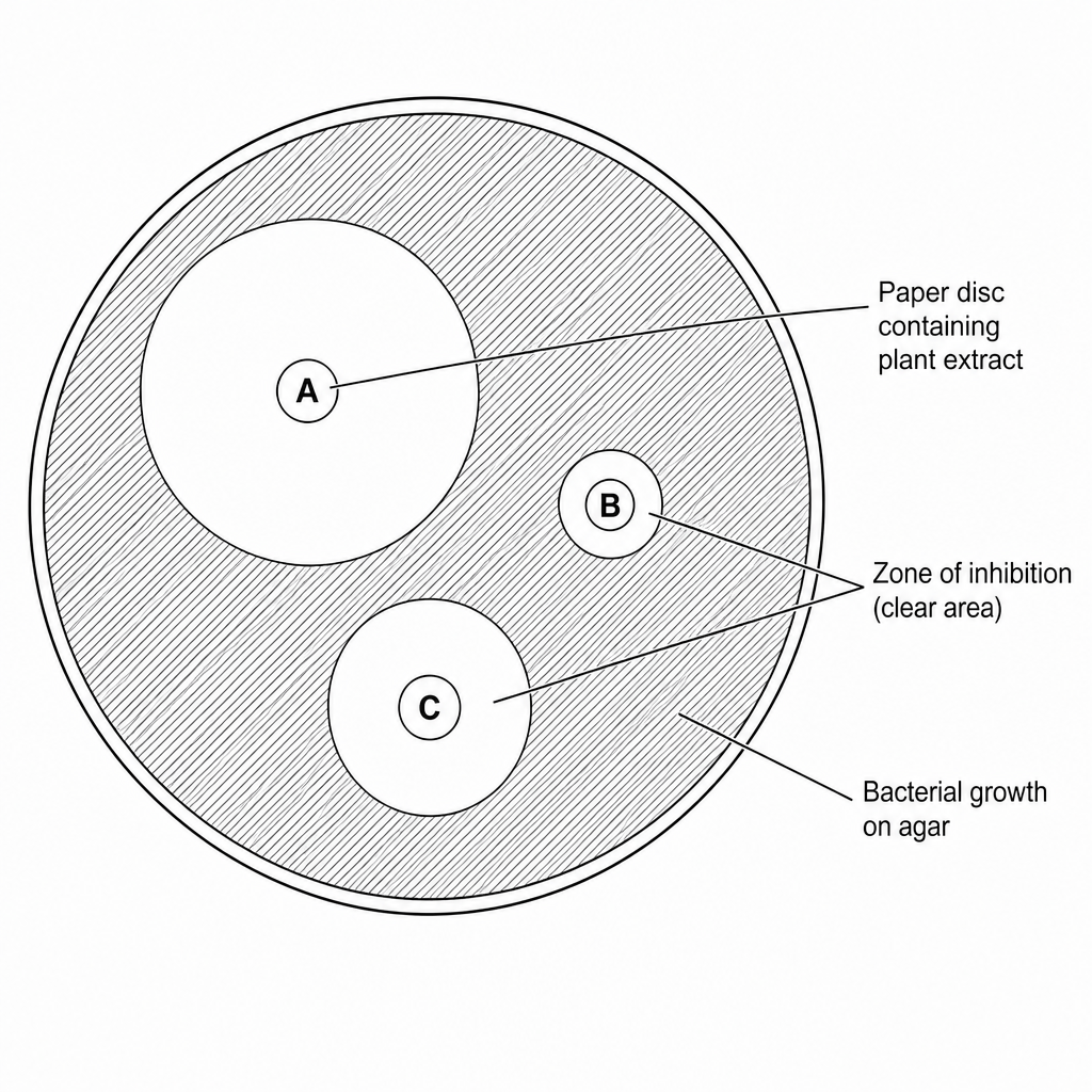 Petri dish showing zones of inhibition around discs A, B, and C