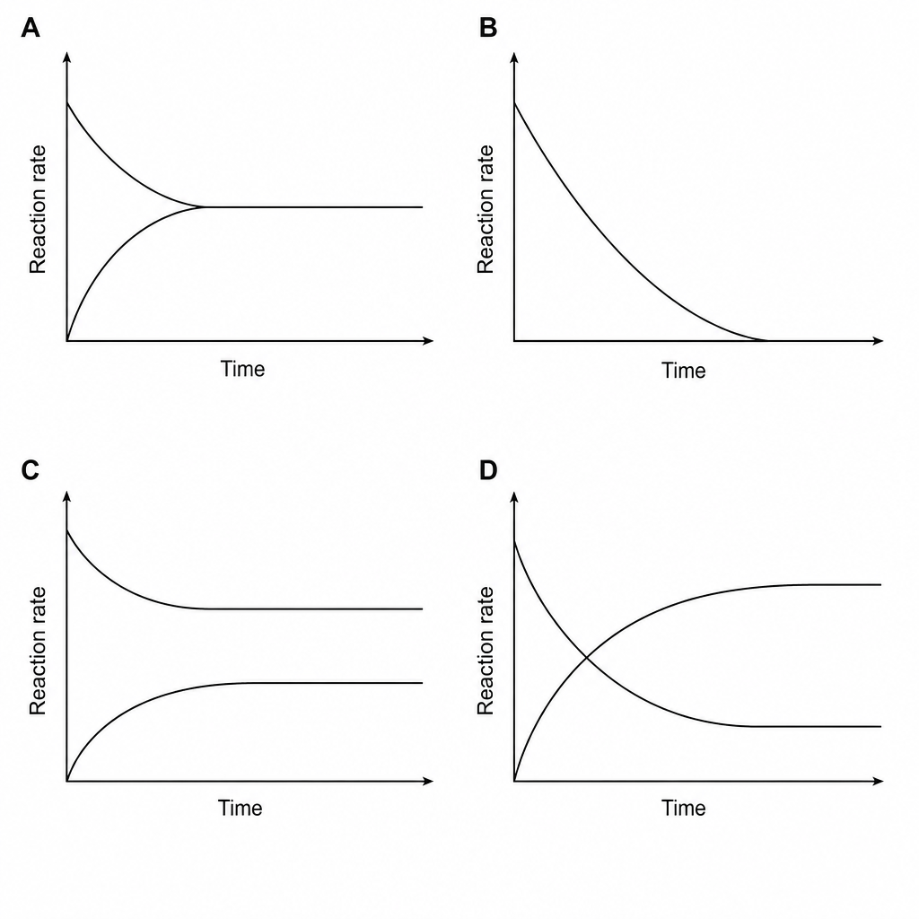 Four graphs showing reaction rate against time for a system reaching dynamic equilibrium
