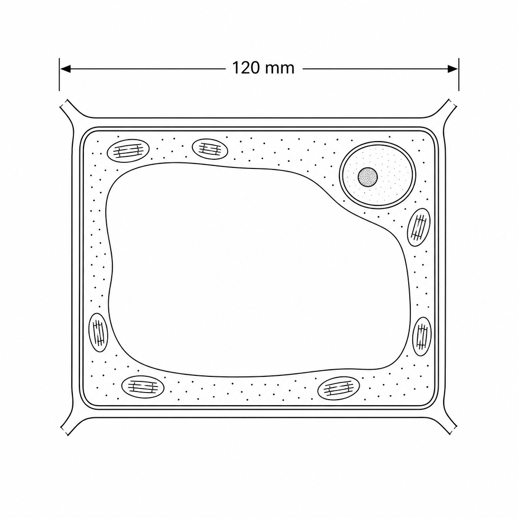 A detailed line drawing of a rectangular plant cell. A double-headed arrow spanning horizontally across the longest dimension of the cell is labeled '120 mm'. Inside the cell, there is a prominent circular nucleus, several chloroplasts, and a large central vacuole.