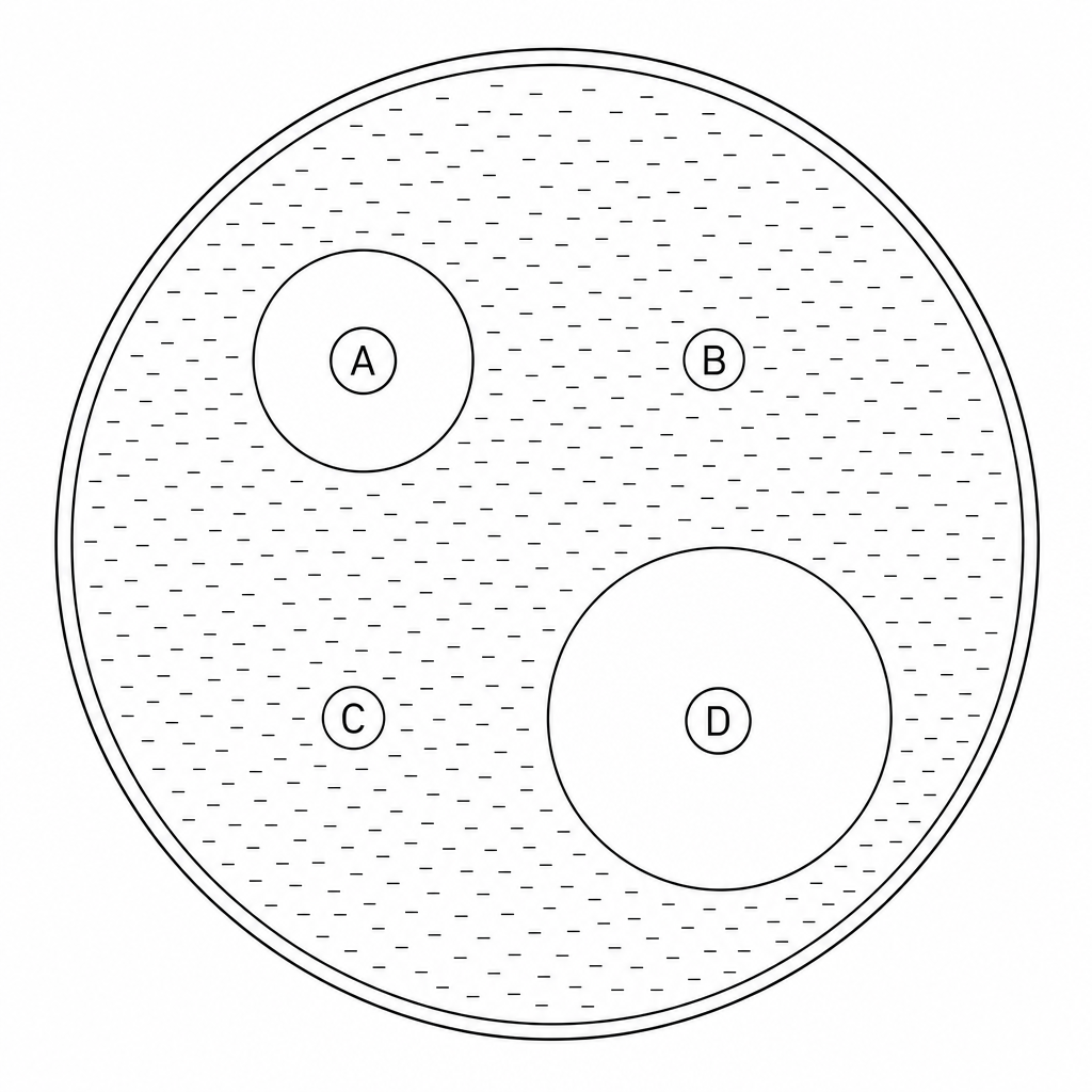 Agar plate showing bacterial lawn and zones of inhibition around discs A, B, C, and D