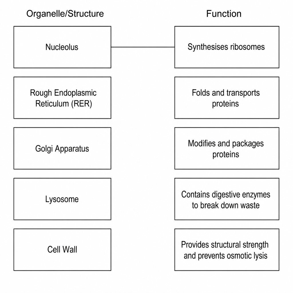 Matching diagram showing cell organelles and their functions