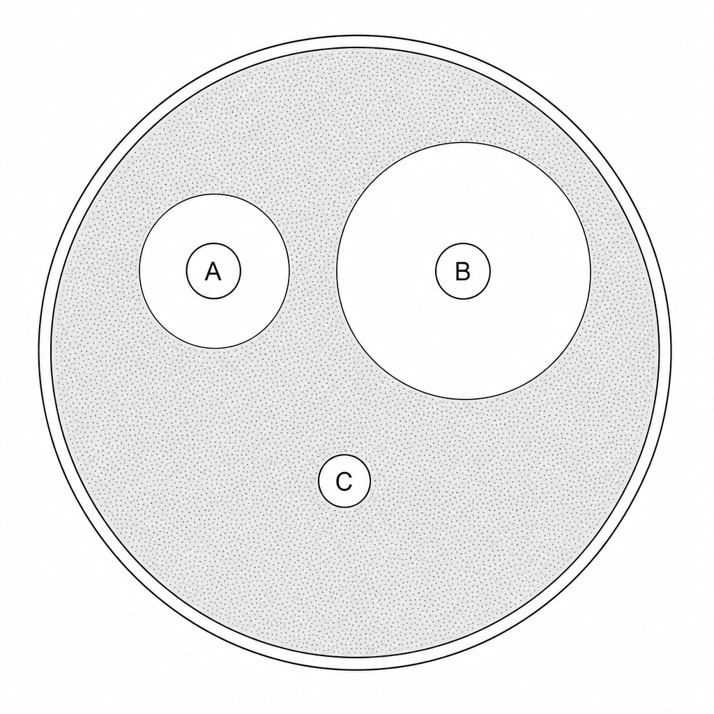 Petri dish showing zones of inhibition around discs A, B, and C