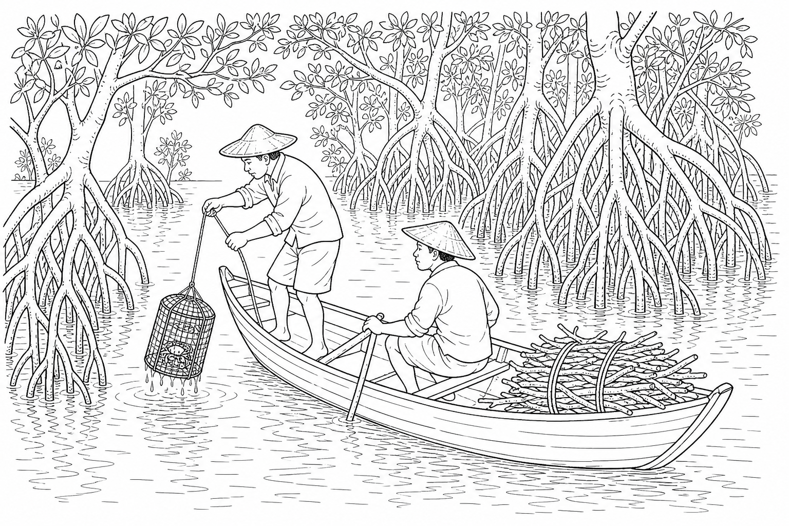 Figure 2a: A photograph of a dense mangrove forest at high tide. In the foreground, local fishers in a small wooden boat are pulling up crab traps from the water beneath the tangled mangrove roots, and a bundle of collected firewood branches lies in the back of the boat.