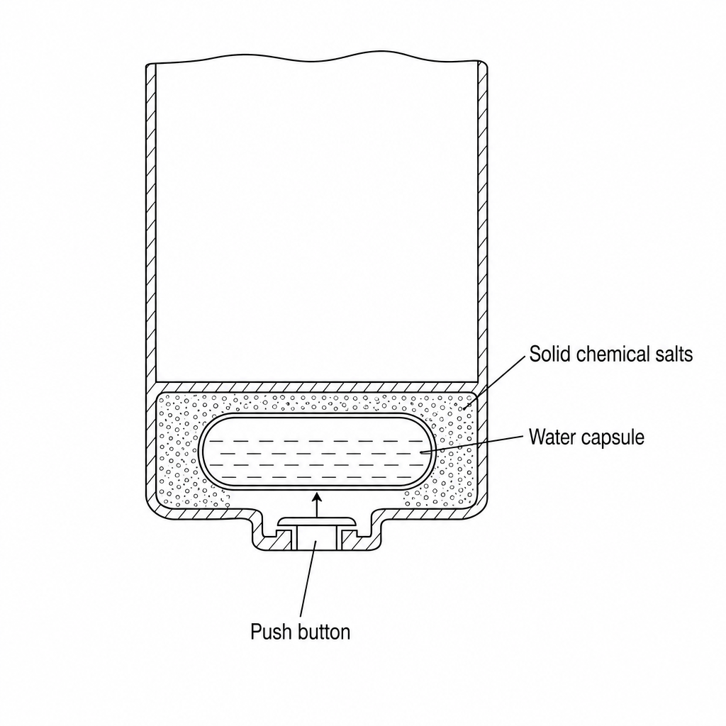 Cross-section diagram of the base of a self-cooling can. There is an outer chamber containing solid ammonium nitrate and an inner breakable capsule containing water. A button on the bottom is labeled 'push to break capsule'.