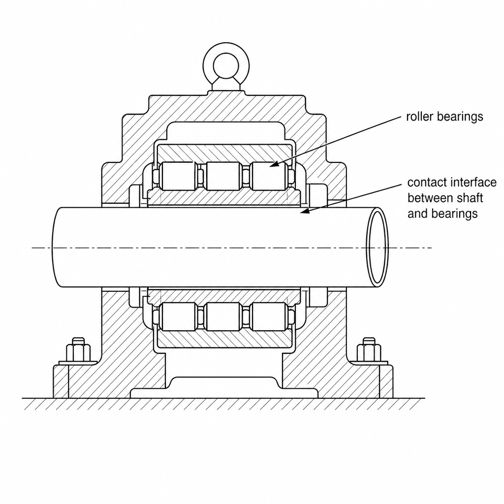 A diagram of a wind turbine shaft and roller bearing assembly.