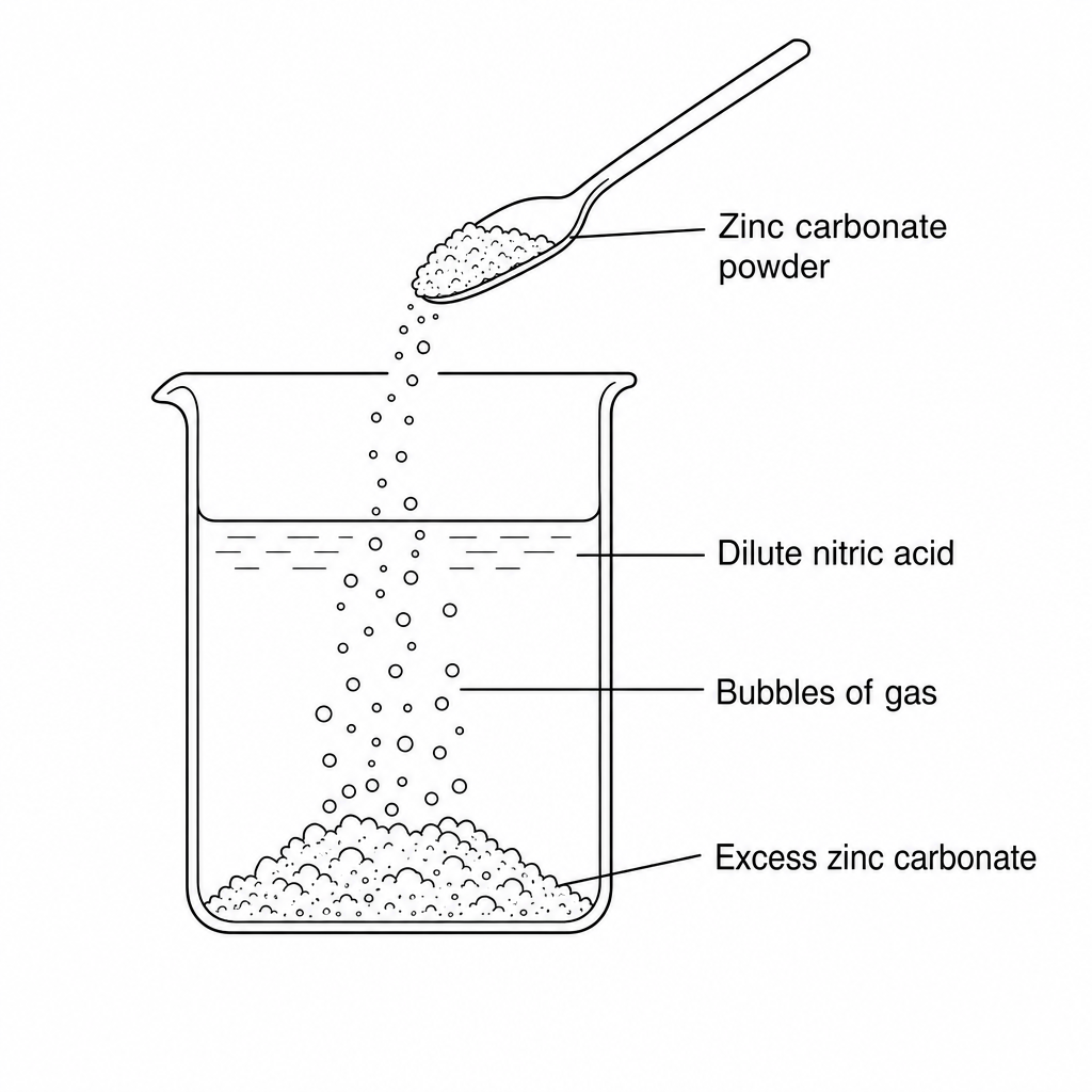 A spatula is shown adding white zinc carbonate powder into a beaker containing a colorless solution of dilute nitric acid. Bubbles of gas are rising through the liquid from the powder at the bottom.