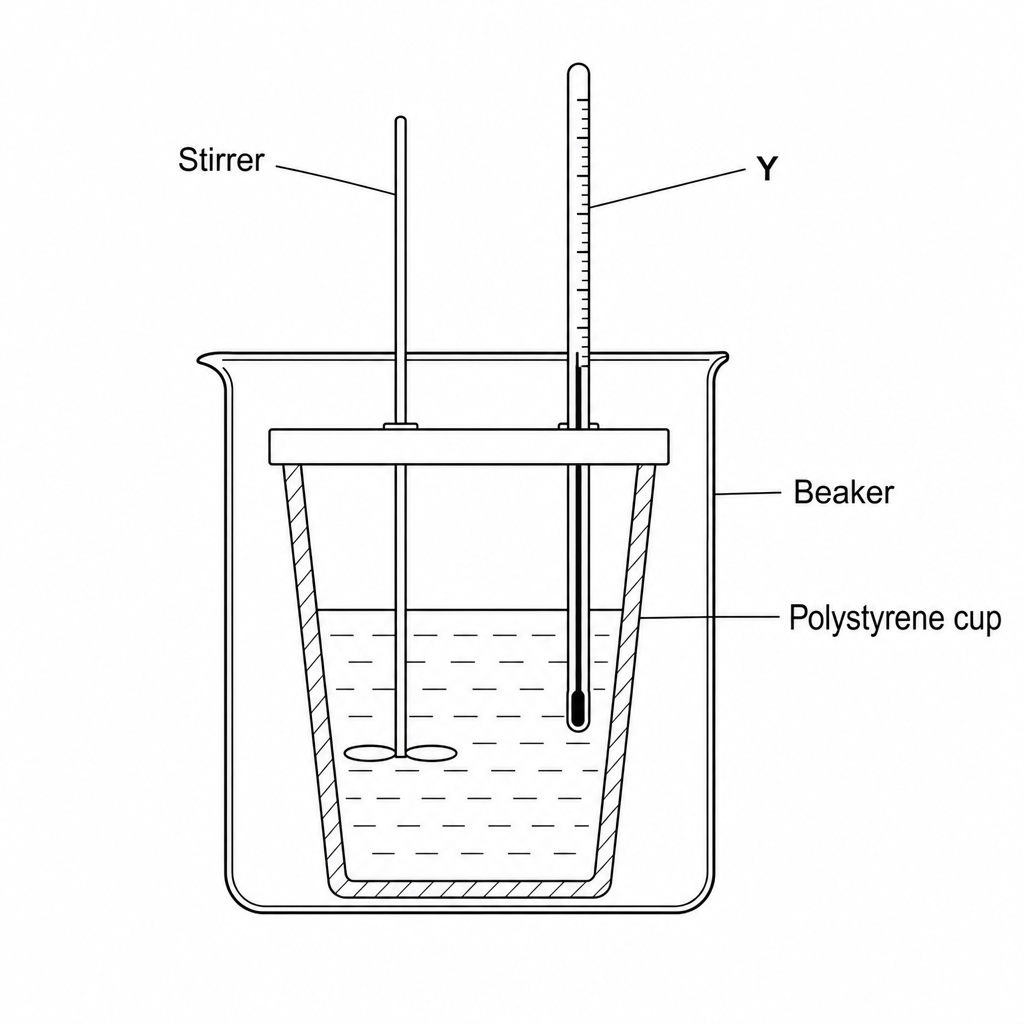 A diagram of a reaction calorimeter. It shows a polystyrene cup placed inside a glass beaker for stability. The cup contains a reaction mixture. A lid with two holes covers the cup. A stirrer is inserted through one hole. Through the other hole, a thermometer labeled Y is inserted into the reaction mixture.