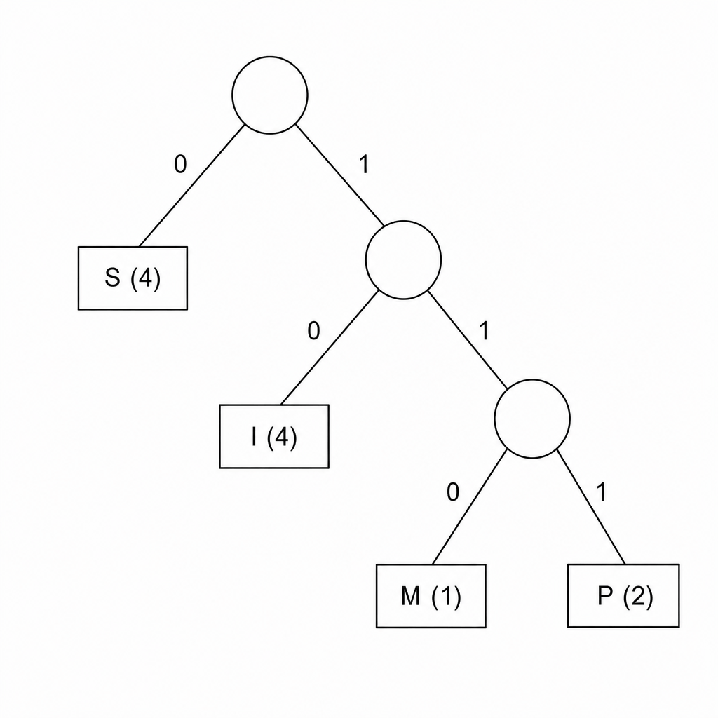 A Huffman tree representing the string MISSISSIPPI