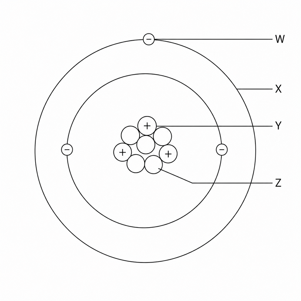 A diagram of a lithium-7 atom with labels W, X, Y, and Z pointing to different components.