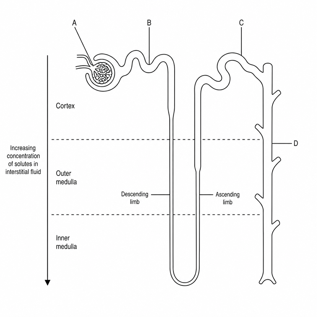 A diagram of a single mammalian nephron. The afferent arteriole leads into a capillary network labeled A (which is enclosed by Bowman's capsule). The fluid then flows into a highly coiled region close to A, labeled B. The tubule then loops down into the medulla as the Loop of Henle, before coiling again in a region labeled C. Region C connects to a large straight vertical tube labeled D. A large arrow on the left points downwards, indicating an increasing concentration of solutes in the interstitial fluid from the cortex to the deep medulla.