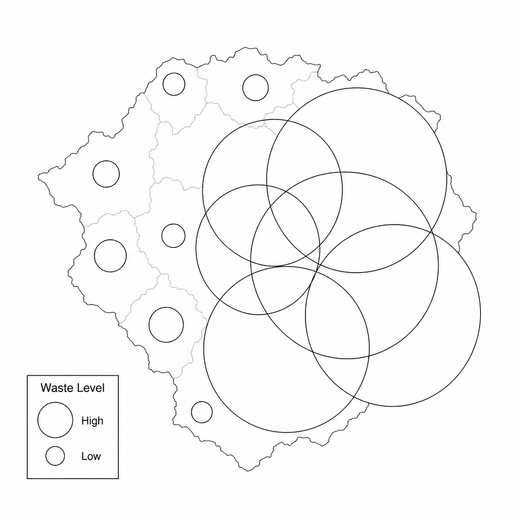 Proportional symbol map of municipal waste with severe overlapping and an unquantified legend.