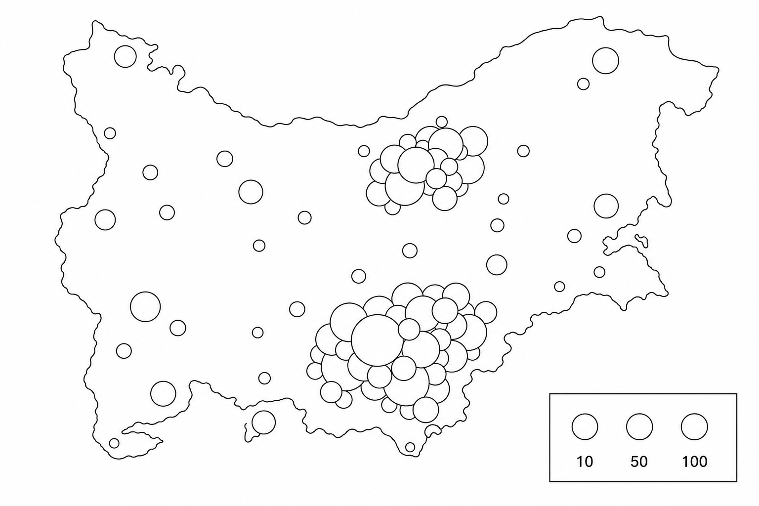 A graduated symbol map of air pollution monitoring stations across a region, displaying severe circle overlapping in two clusters, and a legend containing circles of nearly identical sizes labeled 10, 50, and 100 without units.