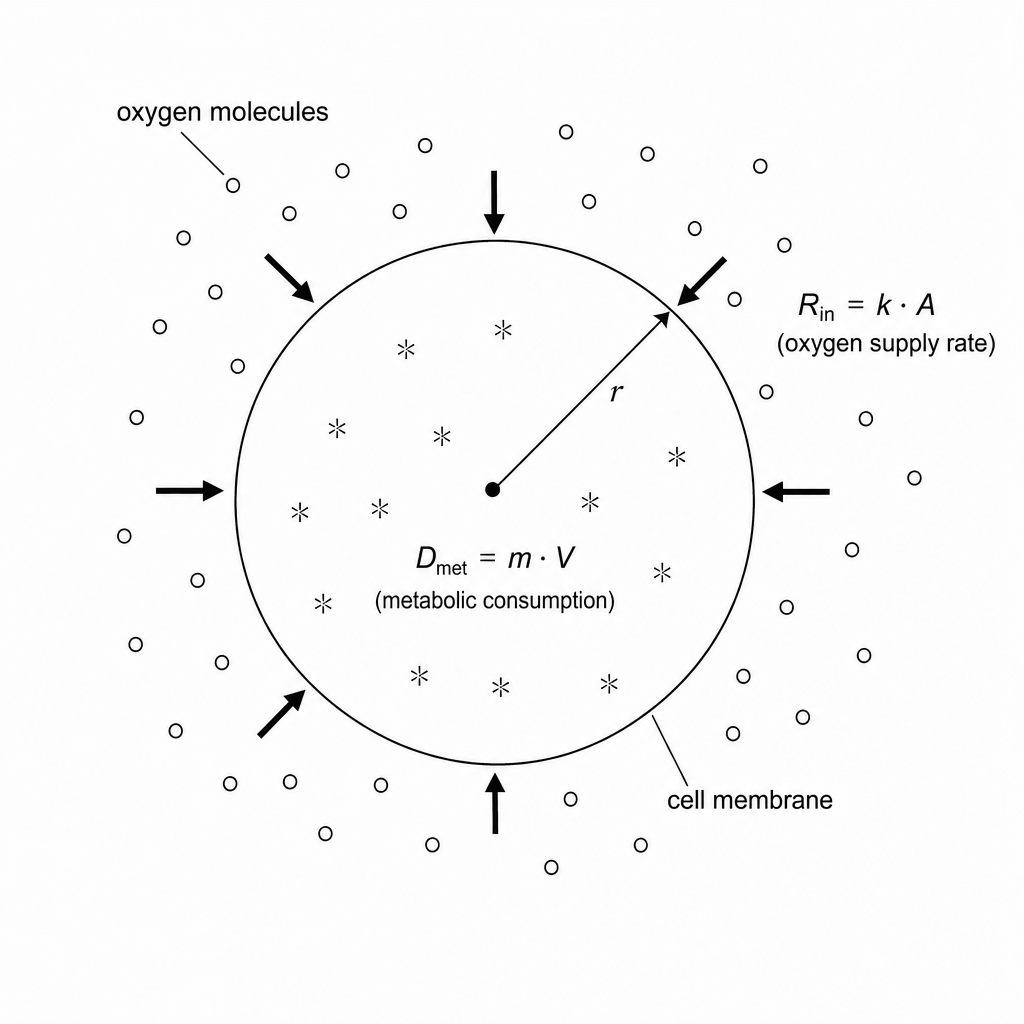 A spherical cell of radius r absorbing oxygen molecules from its environment, with supply rate Rin and metabolic demand Dmet.