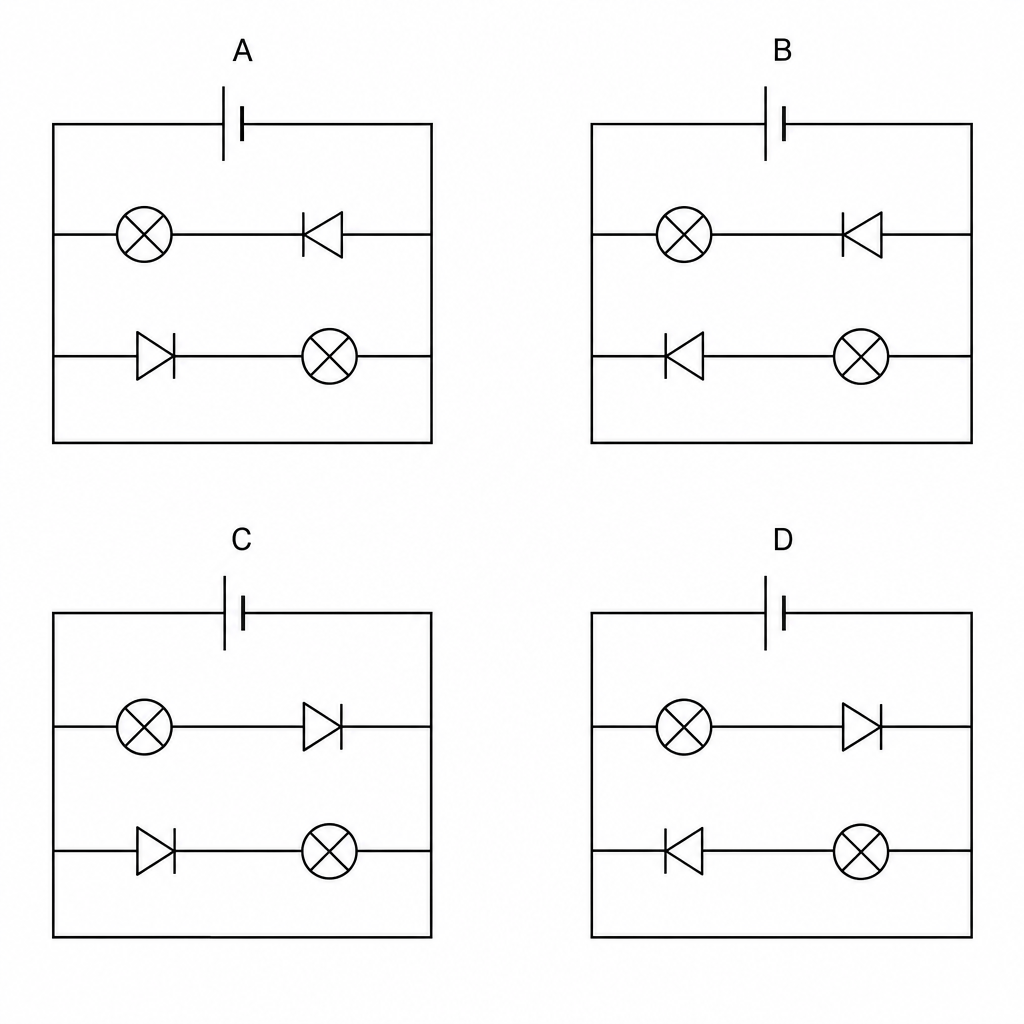 Four parallel circuit diagrams labeled A, B, C, and D