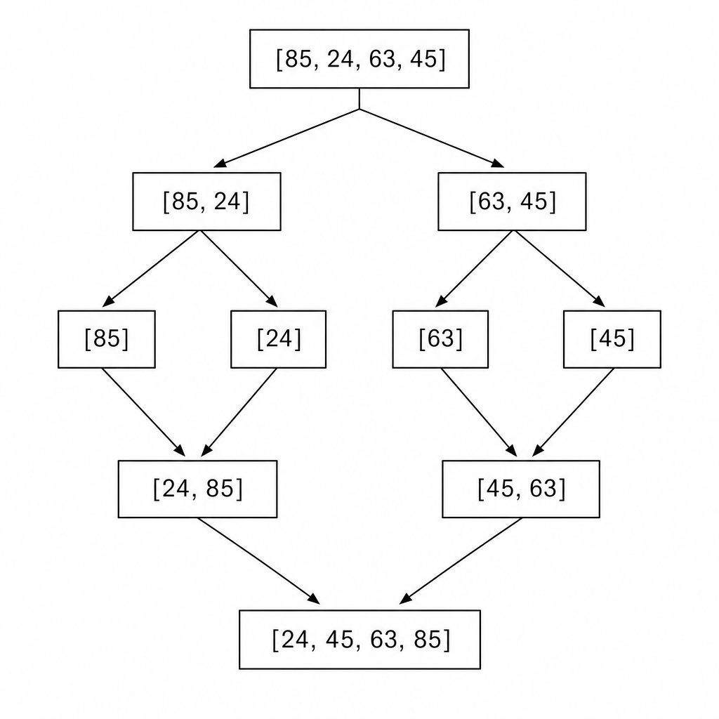 A diagram showing a tree-like structure starting with a single block [85, 24, 63, 45]. Next level down shows the list split into two blocks: [85, 24] and [63, 45]. The third level down shows each value split into its own single-item block: [85], [24], [63], and [45]. The fourth level down shows these blocks merged back together in pairs of sorted values: [24, 85] and [45, 63]. The final level shows these pairs merged into a single sorted block: [24, 45, 63, 85].
