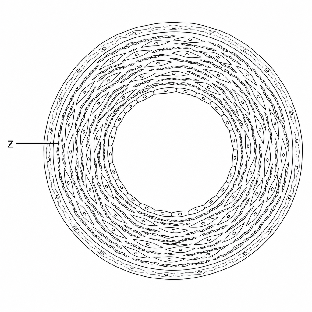 A diagram showing a transverse section of a human artery. The vessel has a thick wall and a relatively narrow lumen. A pointer labelled with the letter Z points to the thick middle layer of the wall.