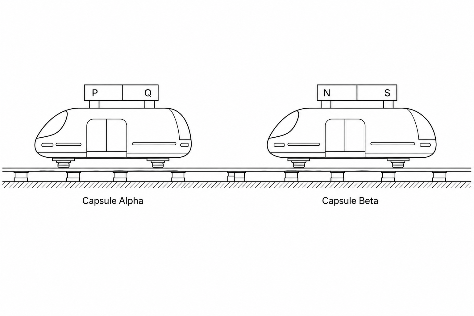Two levitating test capsules, Capsule Alpha on the left and Capsule Beta on the right, on a horizontal track. Each capsule has a bar magnet on top.