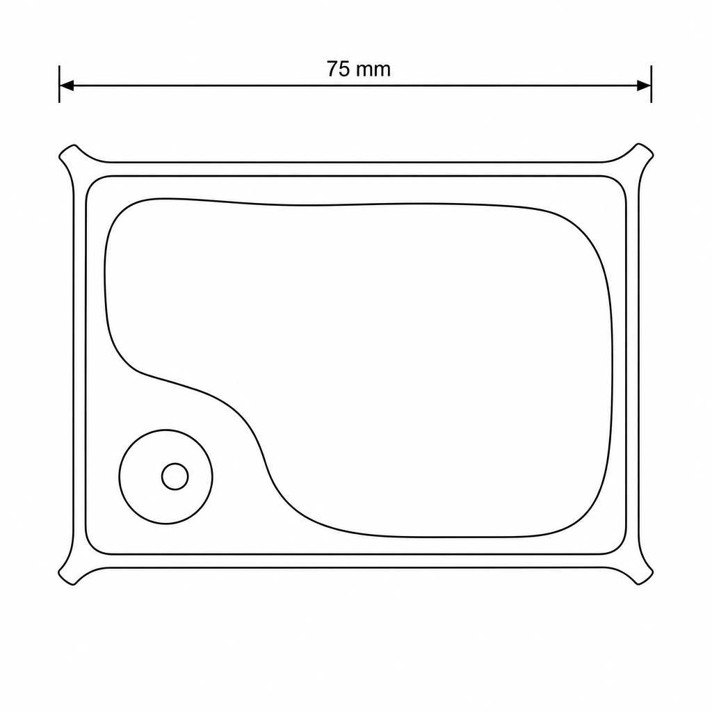 A detailed line drawing of a rectangular plant cell. A double-headed arrow spanning horizontally across the longest dimension of the cell is labeled "75 mm". Inside the cell, there is a prominent circular nucleus and a large central vacuole.