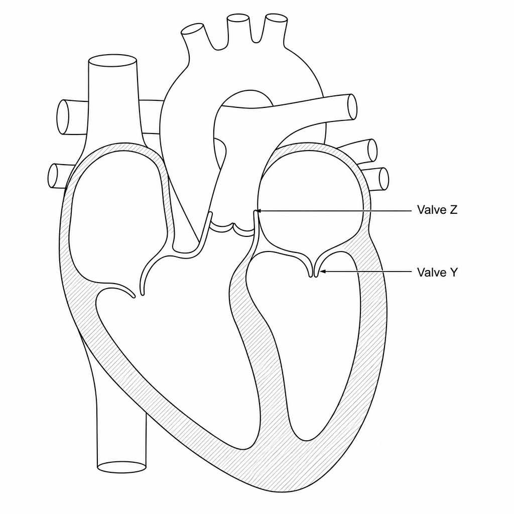 A simplified diagram of the human heart in cross-section.