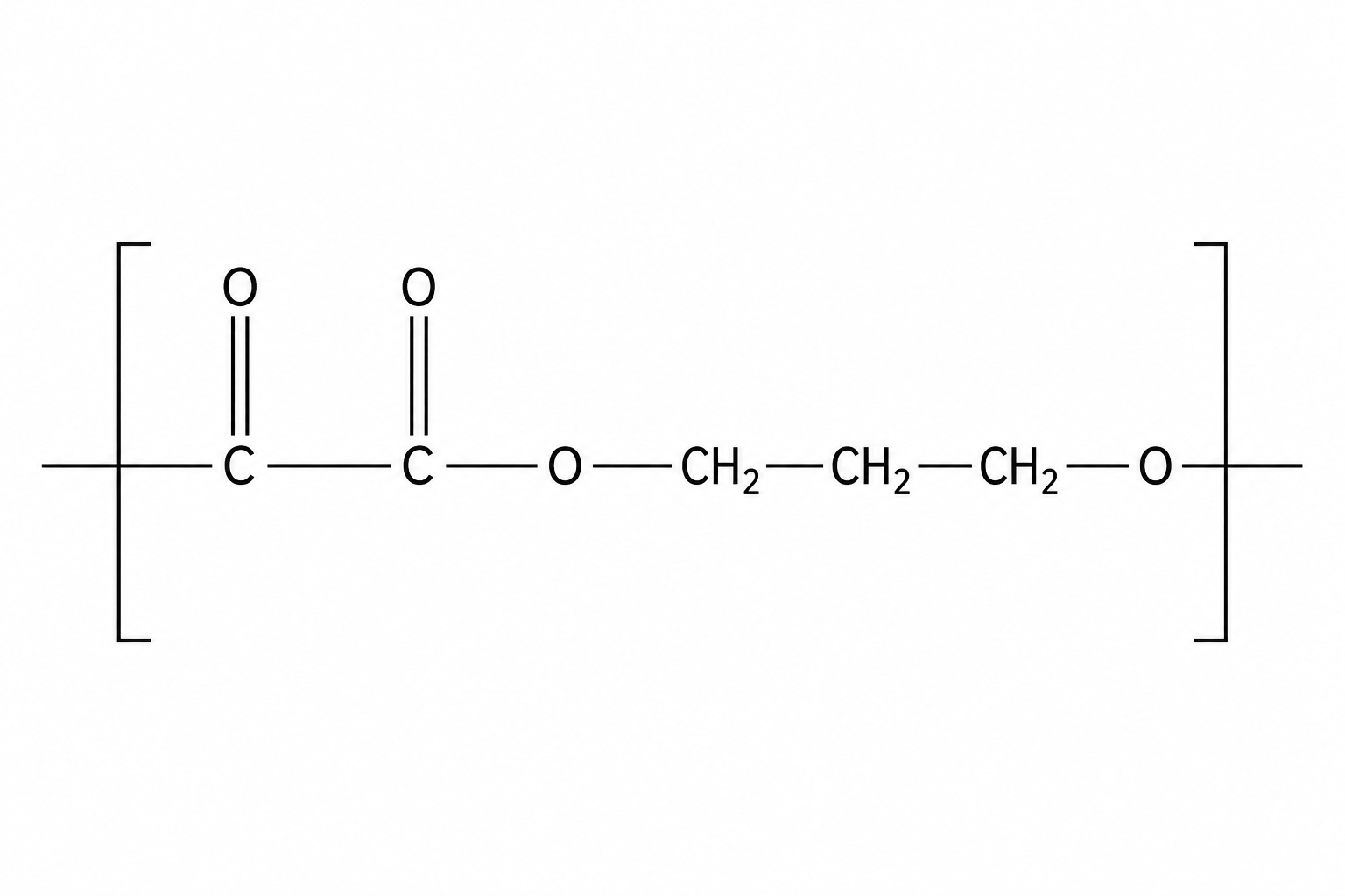 The repeating unit of a polyester. Starting from the left, there is an open single bond extending from a carbonyl carbon (C=O), which is directly single-bonded to a second carbonyl carbon (C=O). This second carbonyl carbon is single-bonded to an oxygen atom (O). This oxygen atom is single-bonded to a propane chain consisting of three consecutive CH2 groups (-CH2-CH2-CH2-). The final CH2 group is single-bonded to an oxygen atom (O), which has an open single bond extending to the right to indicate the continuation of the polymer chain.