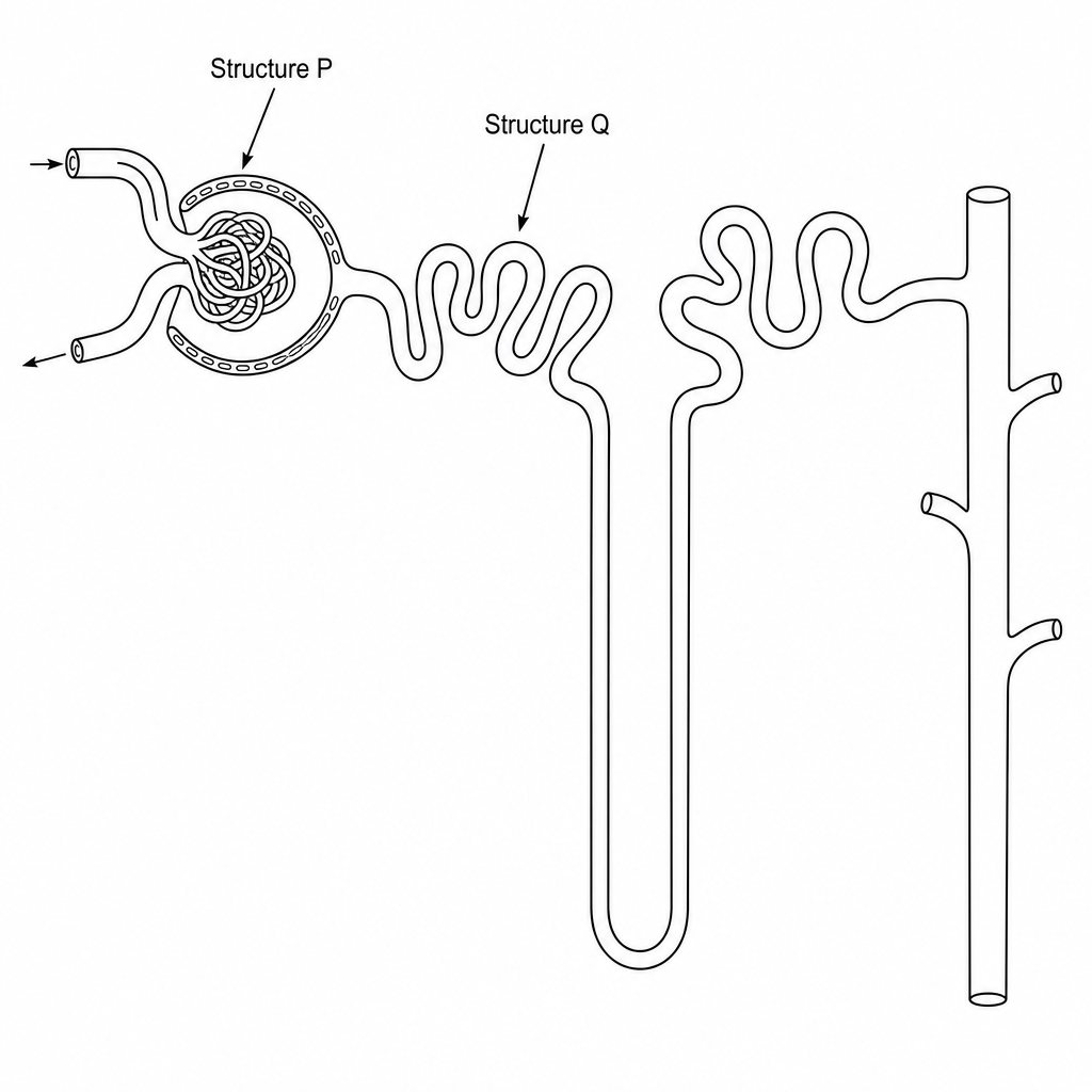 A simplified schematic of a human nephron with two parts labelled. Structure P points to the cup-shaped capsule surrounding the glomerulus, and Structure Q points to the first highly coiled tubule leading from this capsule.