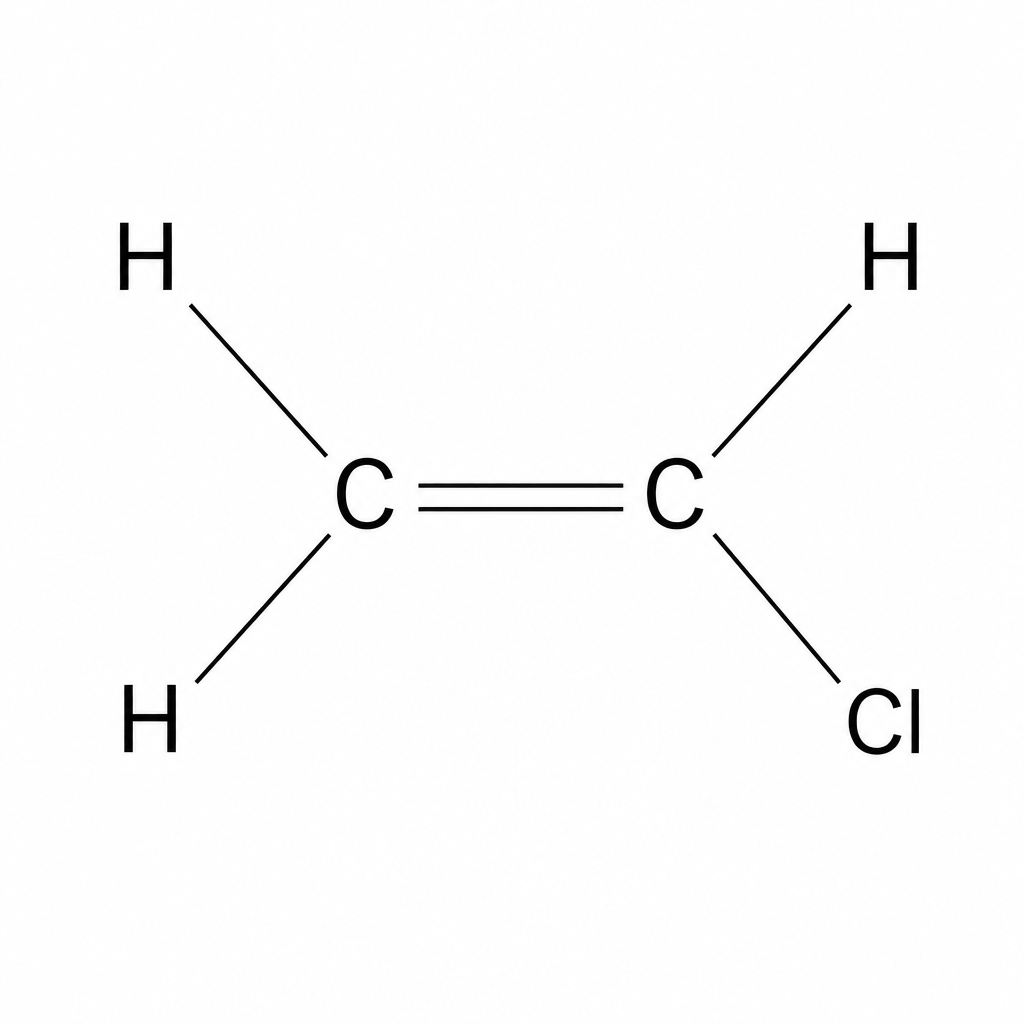 Diagram of a chloroethene monomer molecule. It shows two carbon atoms joined by a double bond (C=C). The left-hand carbon is bonded to two hydrogen atoms. The right-hand carbon is bonded to one hydrogen atom and one chlorine atom.