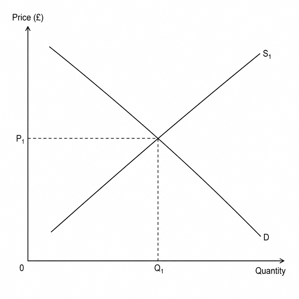 A demand and supply diagram representing the market for home loft insulation. The vertical axis is labeled 'Price (£)' and the horizontal axis is labeled 'Quantity'. A downward-sloping demand curve is labeled 'D'. An upward-sloping supply curve representing the initial subsidized state is labeled 'S1'. The curves intersect at an equilibrium point, with dashed lines leading to 'P1' on the vertical axis and 'Q1' on the horizontal axis. The origin is marked '0'.