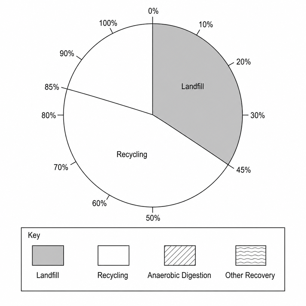 A circular pie chart showing municipal waste disposal methods in a UK region. Starting clockwise from 12 o'clock (0%), the slice for Landfill is plotted at 45% (ending at 45%), and the slice for Recycling is plotted at 40% (ending at 85%). The final 15% sector from 85% to 100% is currently blank and needs to be completed using the data in the table. The key shows: Landfill = Solid Dark Grey, Recycling = Light Green, Anaerobic Digestion = Diagonal stripes, Other Recovery = Horizontal waves.