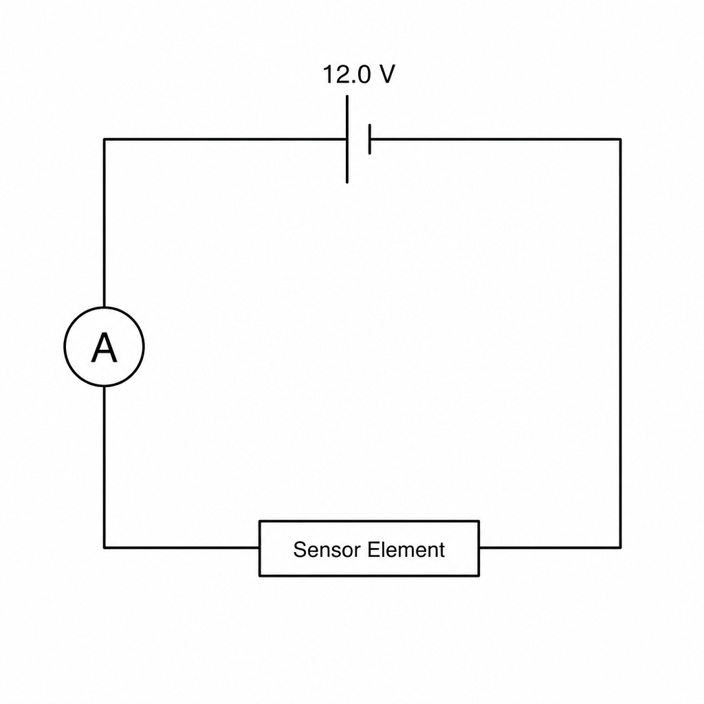 Test circuit containing a power supply, ammeter, and a sensor element.