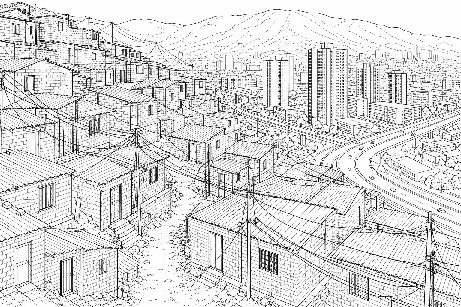 An aerial photograph of a hillside suburb in Medellin, Colombia. In the foreground, tightly packed, self-built brick housing with corrugated iron roofs covers a steep slope, showing narrow dirt pathways with no visible road infrastructure, dangling overhead electrical wires, and zero green space. In the background, modern high-rise apartments and paved highways are visible.