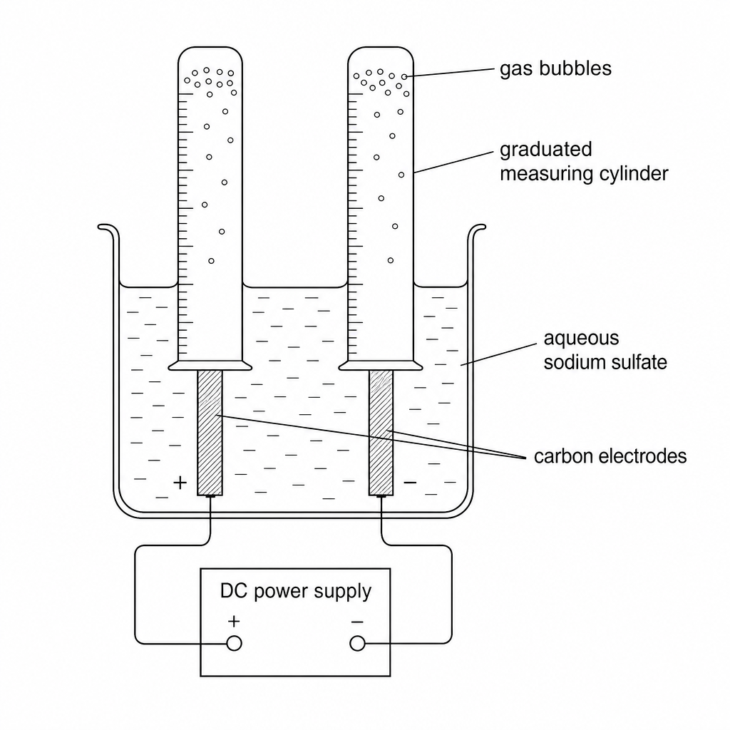 Figure 1: Electrolysis of aqueous sodium sulfate using graduated measuring cylinders inverted over carbon electrodes.