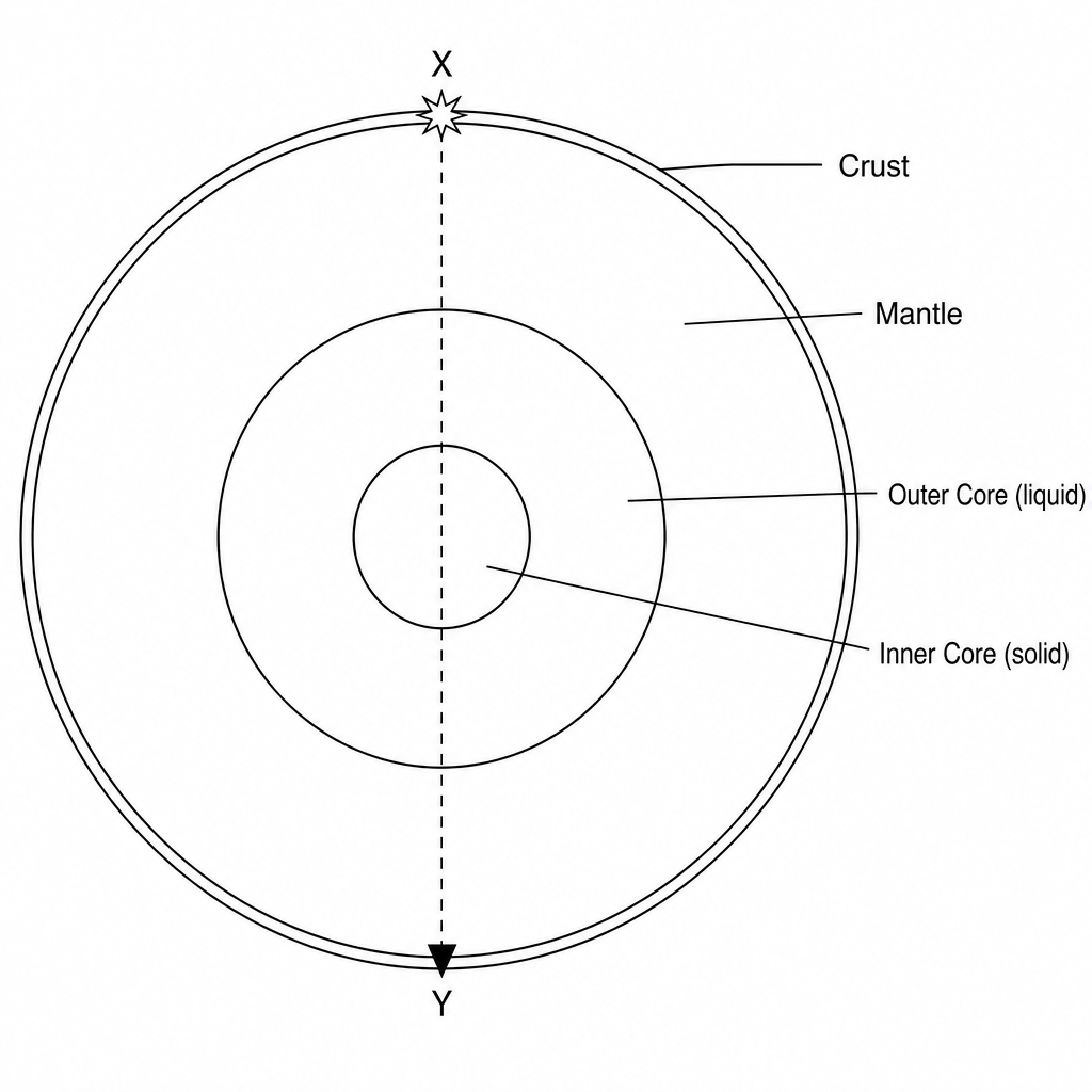 Cross-section of the Earth showing epicenter X and station Y