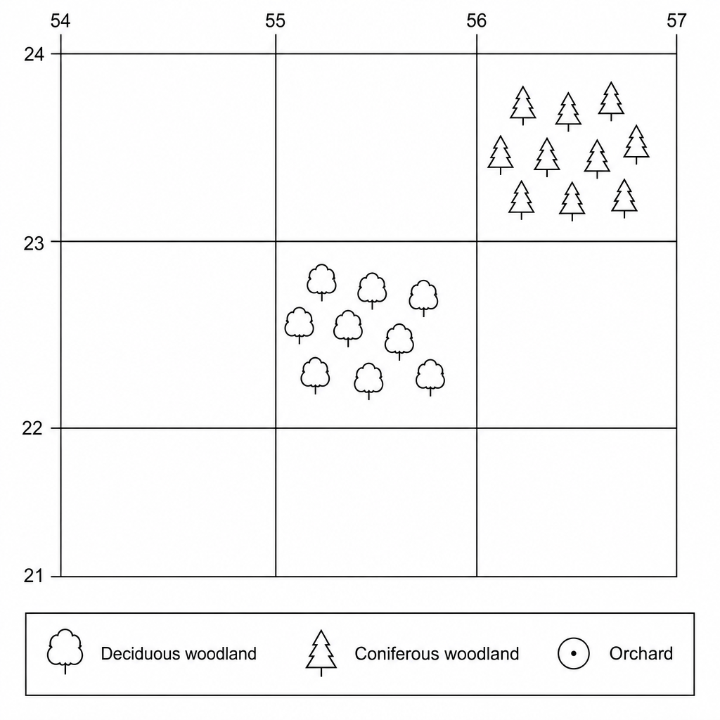 Figure 1: Map extract of a managed rural estate in Hampshire with grid lines and woodland symbols.