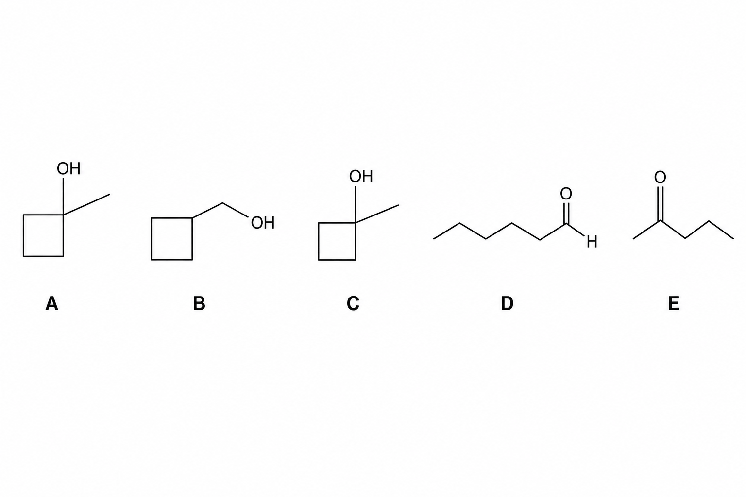 Five structural isomers of C5H10O: A (1-methylcyclobutan-1-ol), B (cyclobutylmethanol), C (2-methylcyclobutan-1-ol), D (pentanal), and E (pentan-2-one). A, B, and C are cyclic alcohol isomers. D is pentanal, a straight-chain aldehyde. E is pentan-2-one, a straight-chain ketone.