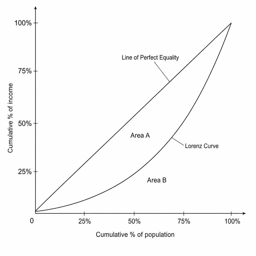 A Lorenz curve diagram showing cumulative % of population on the horizontal axis from 0 to 100% and cumulative % of income on the vertical axis from 0 to 100%. A straight diagonal line at a 45-degree angle represents the Line of Perfect Equality. An upward-sloping, convex curve below it represents the Lorenz curve. The region between the 45-degree line and the Lorenz curve is labelled Area A. The region beneath the Lorenz curve is labelled Area B.