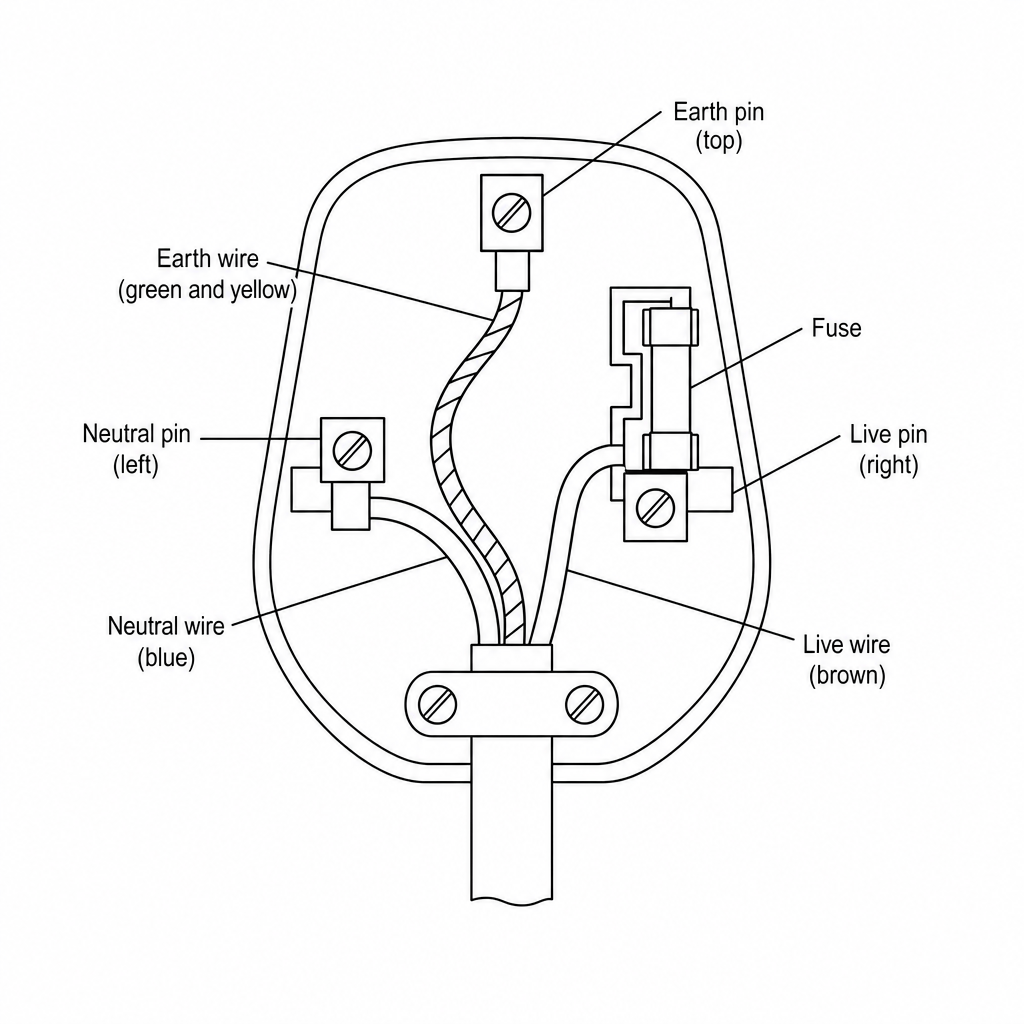 UK 3-pin plug internal wiring diagram