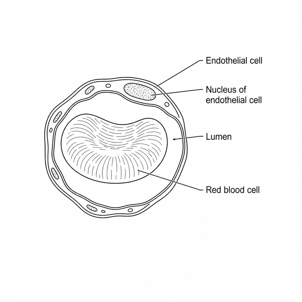 A high-magnification cross-section of a capillary. The capillary wall is extremely thin, consisting of a single layer of endothelial cells (one cell thick) with a visible nucleus, surrounding a narrow central lumen just wide enough for a single red blood cell.