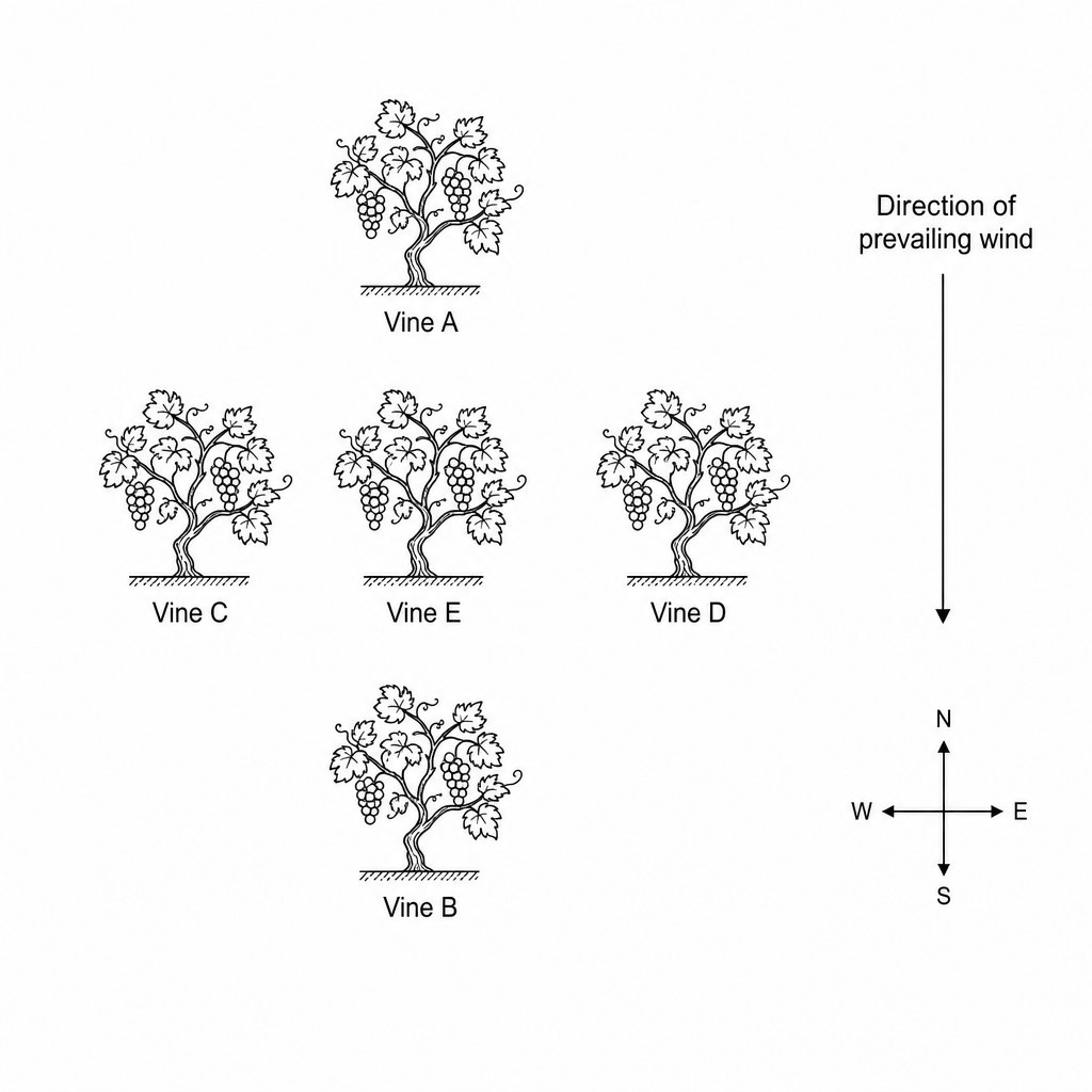 A top-down plan of five grapevines labeled Vine A, Vine B, Vine C, Vine D, and Vine E. Vine E is located in the center. Vine A is directly above (North) Vine E. Vine B is directly below (South) Vine E. Vine D is directly to the right (East) of Vine E. Vine C is directly to the left (West) of Vine E. An arrow pointing from top to bottom is labeled 'Direction of prevailing wind'.
