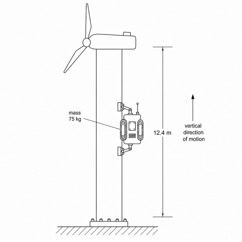A diagram showing an automated robotic maintenance crawler climbing vertically up a wind turbine mast to a height of 12.4 m. The crawler has a mass label of 75 kg.