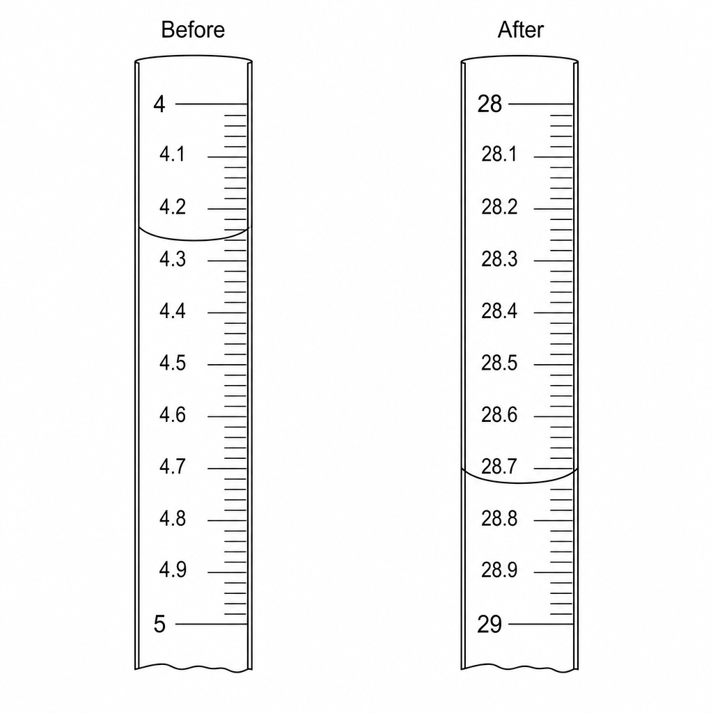 Two vertical segments of a burette demonstrating liquid level measurements. The 'before' diagram has major markings at 4 and 5, with ten subdivisions of 0.1 between them. The meniscus of the liquid is positioned halfway between the 4.2 and 4.3 marks. The 'after' diagram has major markings at 28 and 29, with subdivisions of 0.1, and the meniscus is exactly on the 28.7 line.