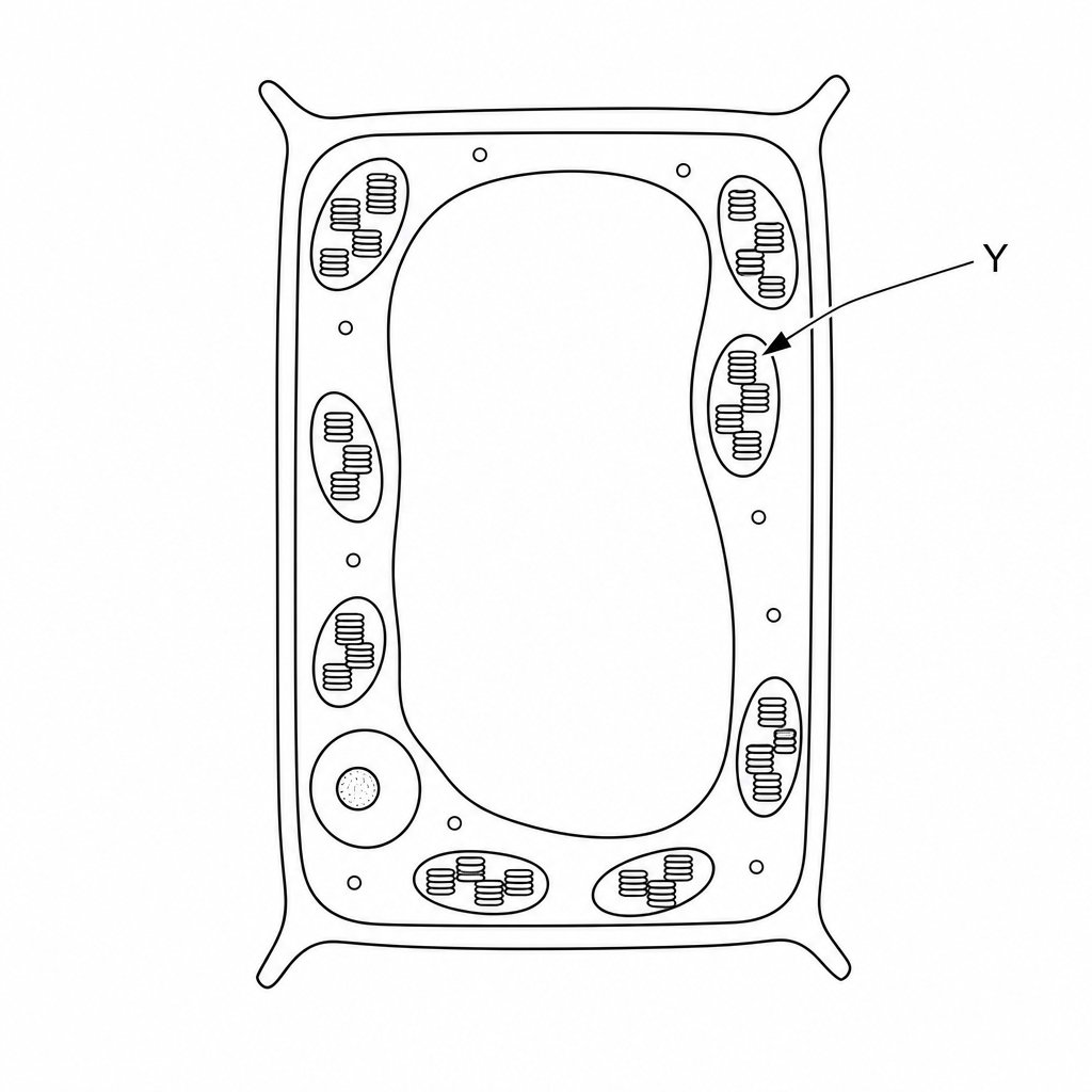 A simplified 2D diagram of a plant palisade cell showing various organelles. An arrow points to one specific organelle labelled Y.