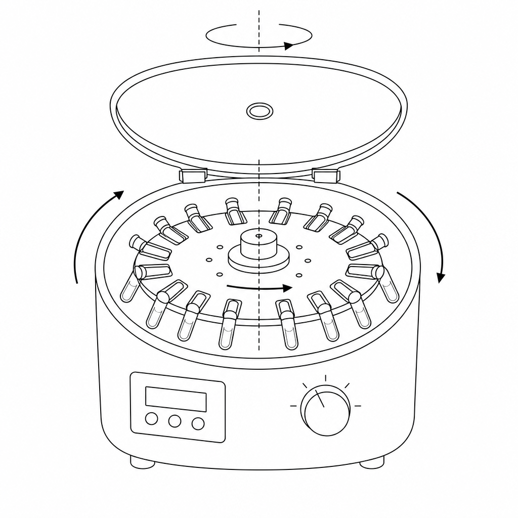 A laboratory centrifuge with a circular metal rotor spinning rapidly around its central axis, holding multiple test tubes in a radial pattern.