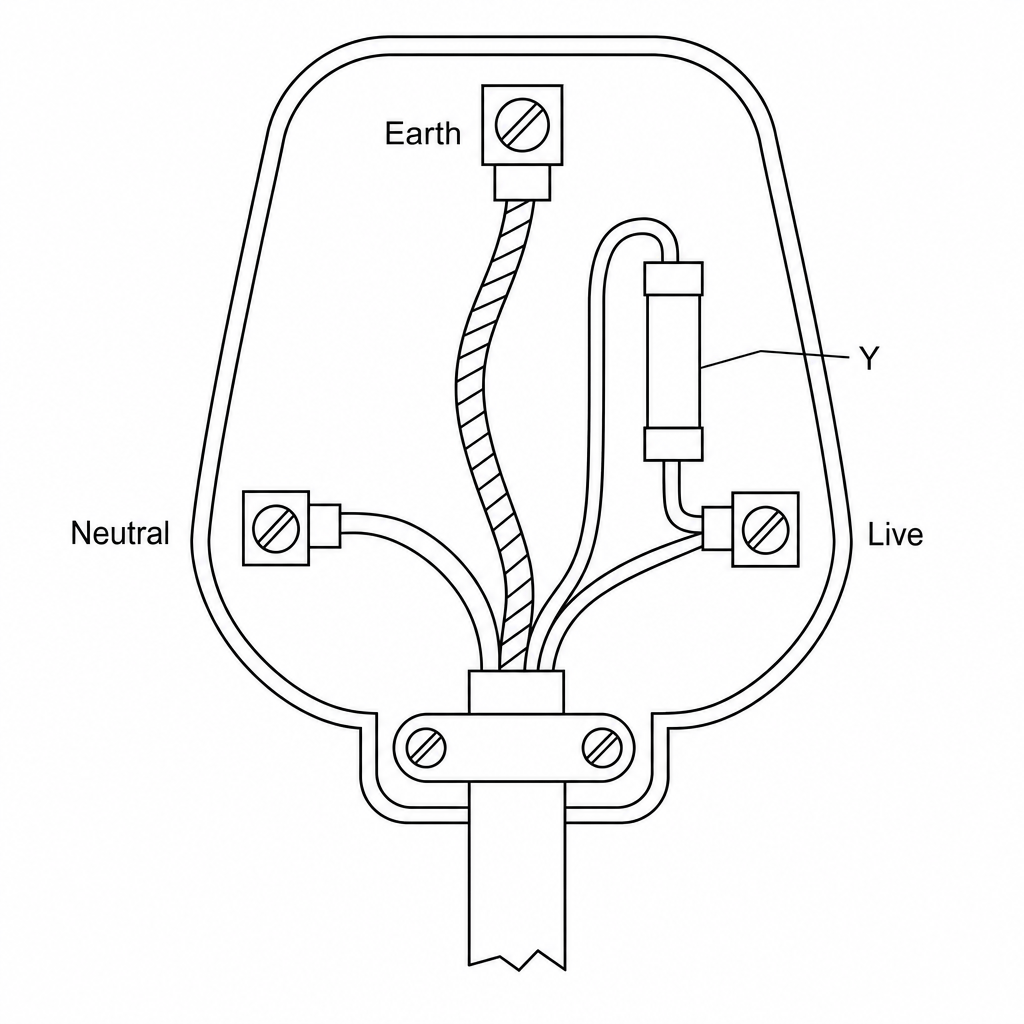 A detailed diagram of the inside of a UK three-pin plug. The green and yellow Earth wire is connected to the top terminal. The blue Neutral wire is connected to the left terminal. The brown Live wire is connected to one end of a cylindrical safety component labelled Y. The other end of component Y is connected to the right terminal (the Live pin). A cable grip secures the outer cable at the bottom of the plug.