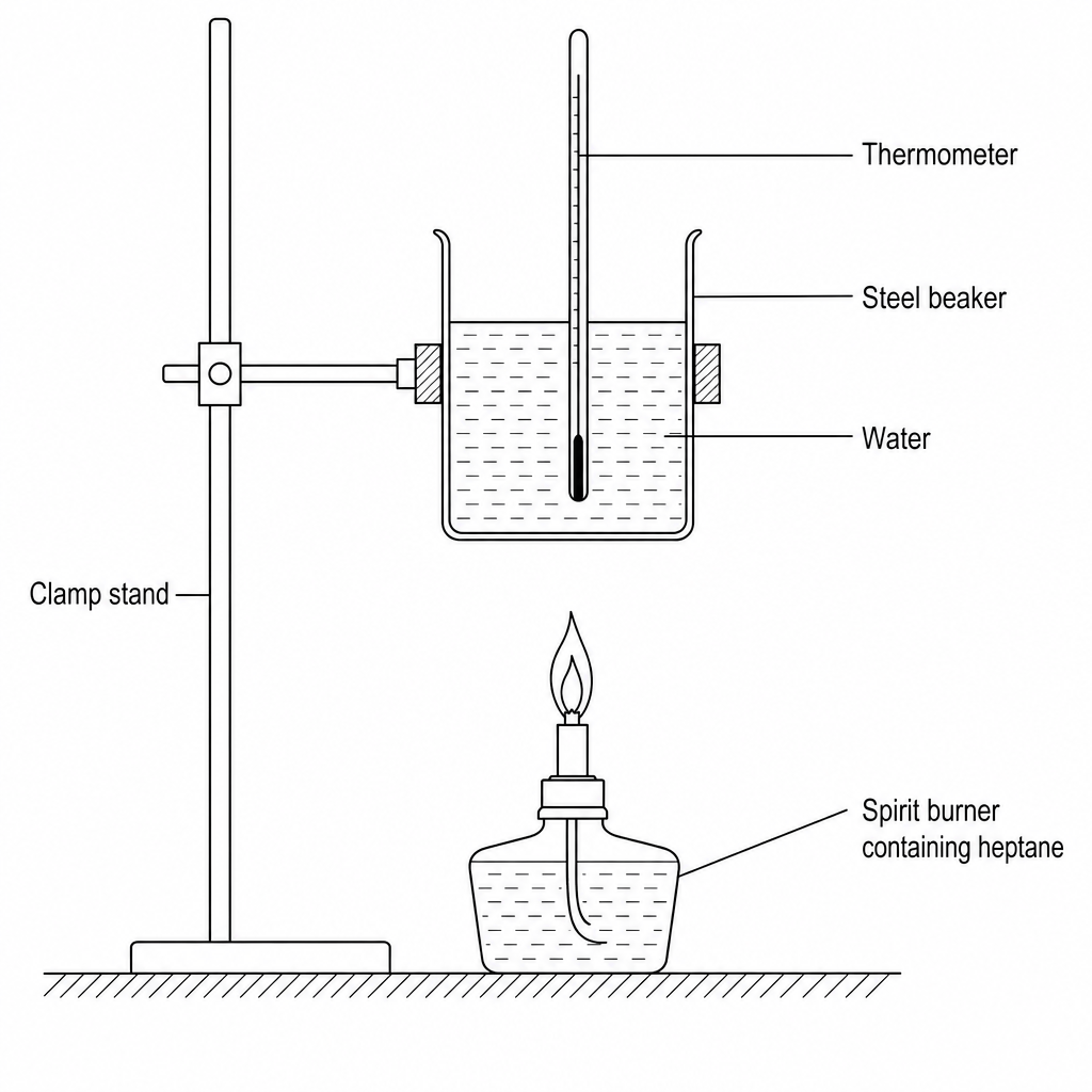Calorimetry setup with a spirit burner containing heptane, a steel beaker, and a thermometer