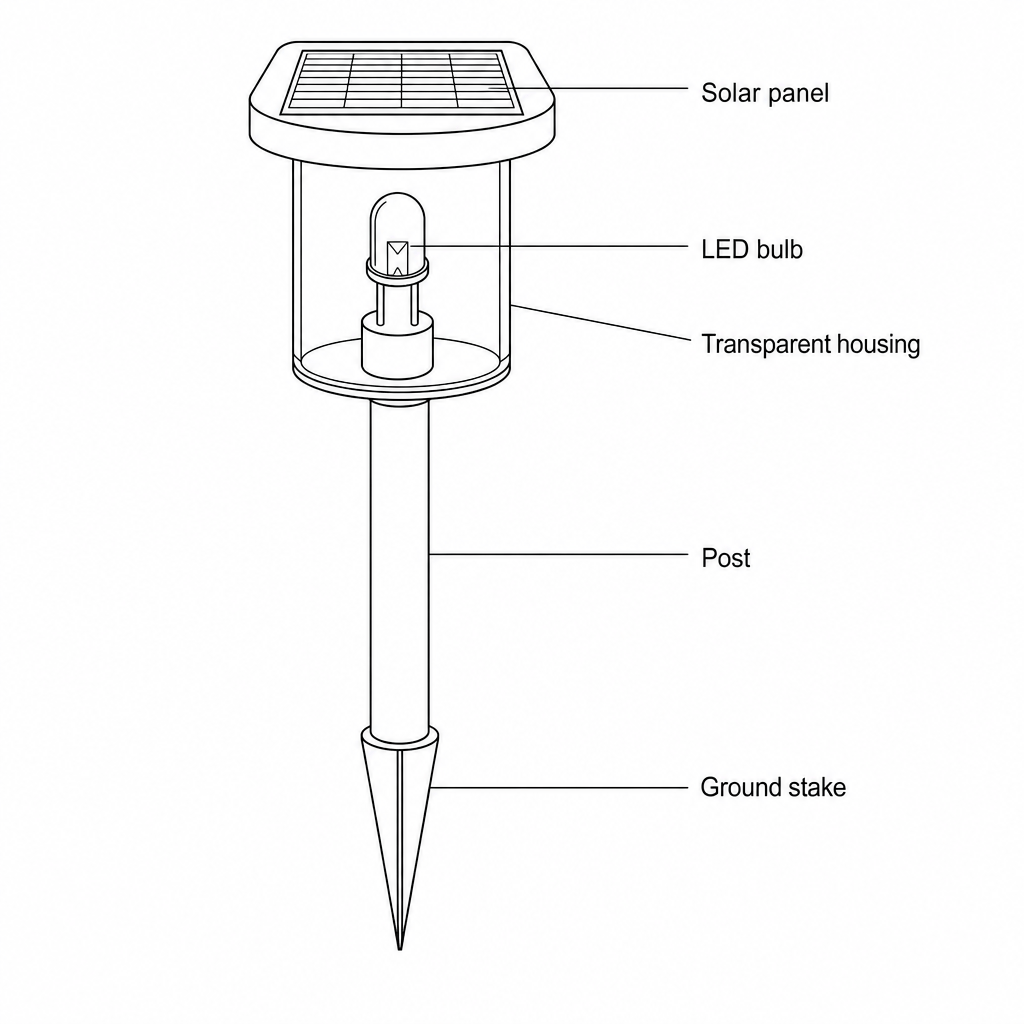 A diagram of a solar-powered garden light. It has a pointed stake at the bottom, a central post, a transparent cylindrical housing containing an LED bulb, and a flat rectangular solar panel mounted on the very top face.