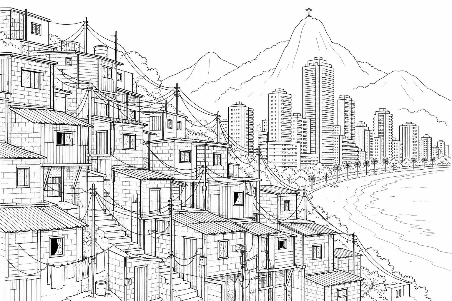 Figure 4: An informal settlement (favela) built on a steep hillside in Rio de Janeiro, Brazil. In the foreground, there are tightly packed, poorly constructed dwellings made of brick, timber, and corrugated iron, with exposed electrical wires hanging between buildings. In the background, modern high-rise luxury apartments are visible near a clean beach.