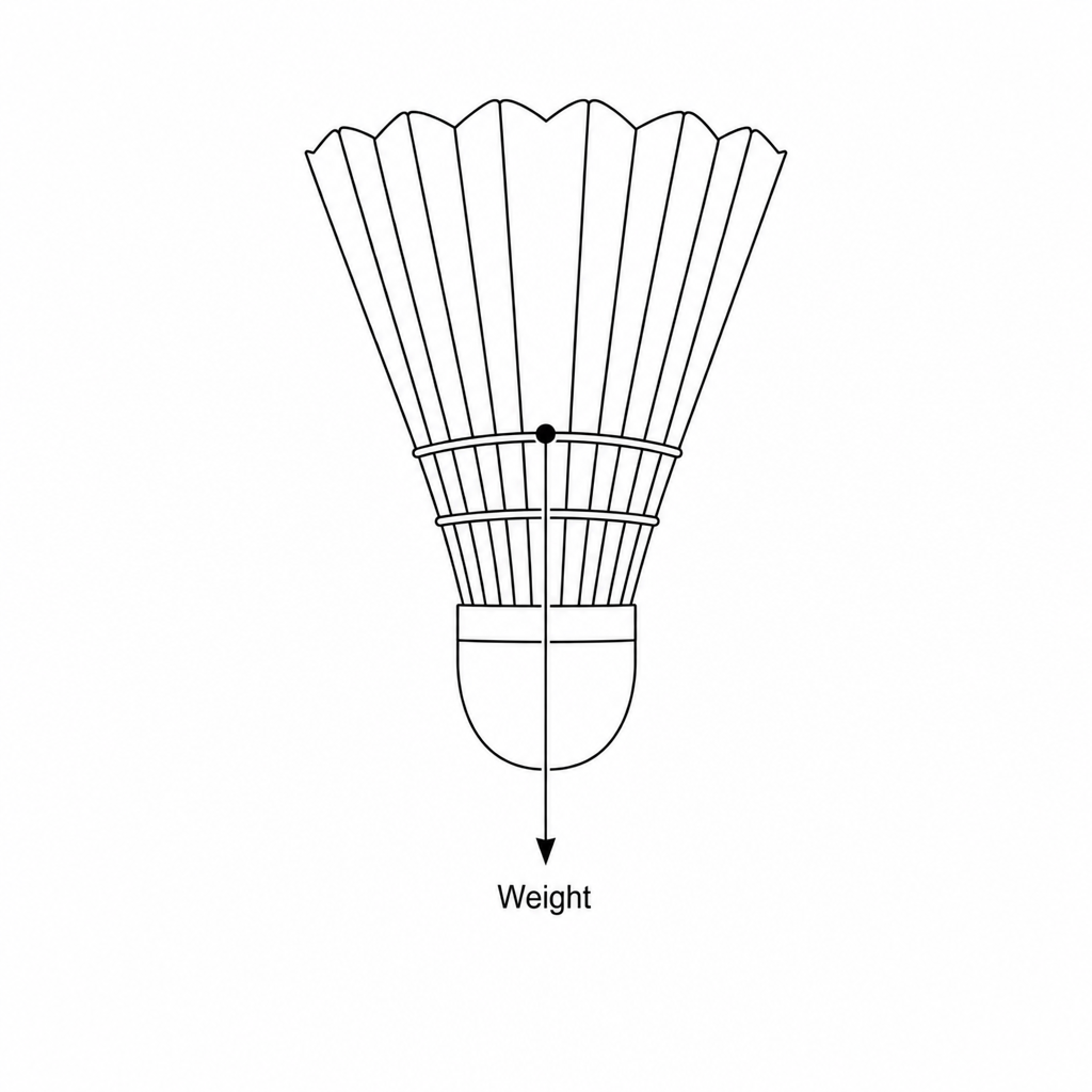 A diagram of a badminton shuttlecock falling vertically. A vertical arrow labeled 'Weight' points downwards from the center of mass of the shuttlecock.