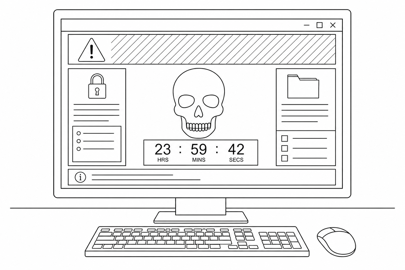 A workstation screen displaying a red hazard warning banner at the top, a digital skull icon in the center, and a countdown timer showing hours, minutes, and seconds remaining.